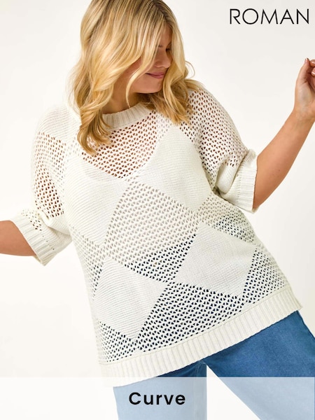 Roman White Curve Metallic Diamond Knit Top (F95131) | €53