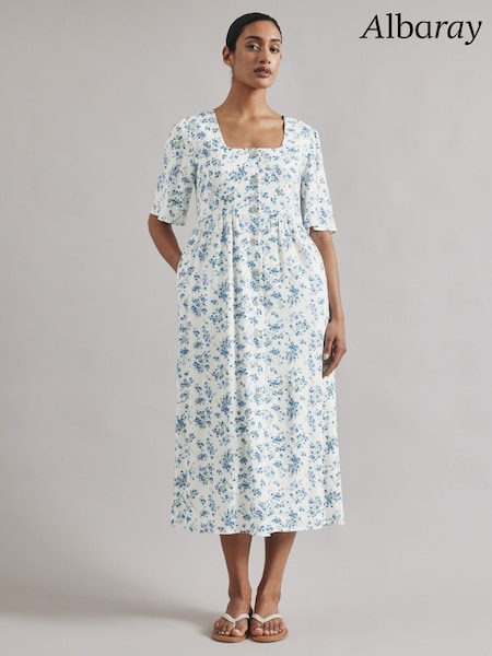 Albaray Blossom Print Linen Button White Dress (F95146) | €131