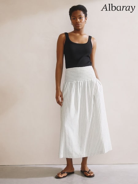Albaray Stripe Linen Shirred Waist White Skirt (F95160) | €140