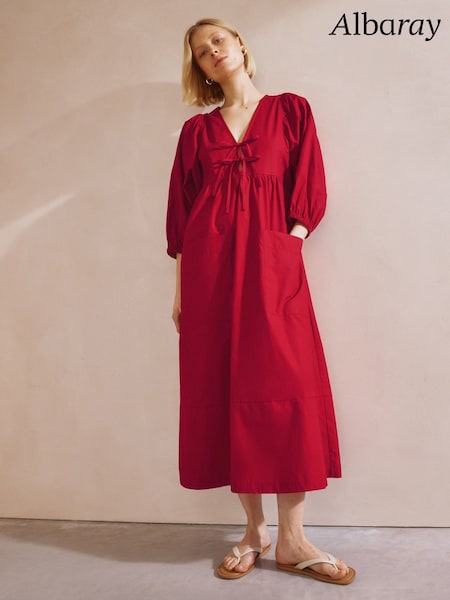 Albaray Red Tie V-Neck 100% Cotton Dress (F95176) | €126