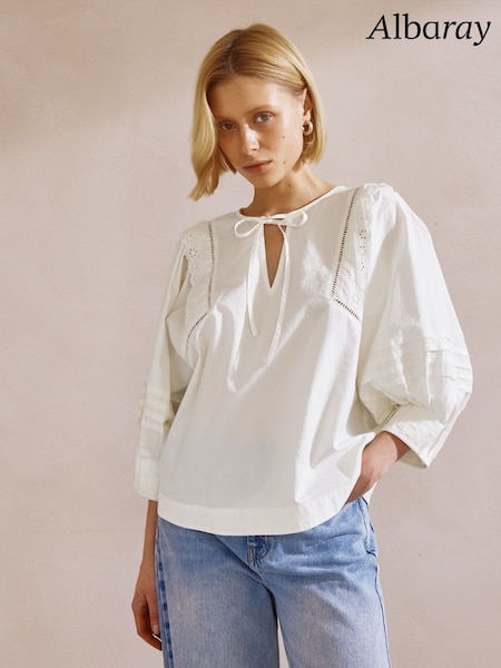 Albaray Cream 100% Cotton Pintuck Sleeve Top (F95186) | €118