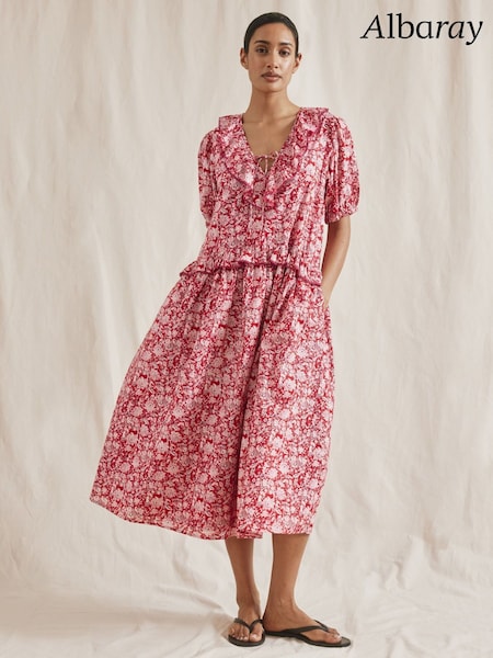 Albaray Red Woodblock Frill Midi Dress (F95201) | €146