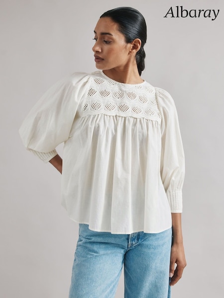 Albaray Cream Embroidered 100% Cotton Yoke Top (F95209) | €99