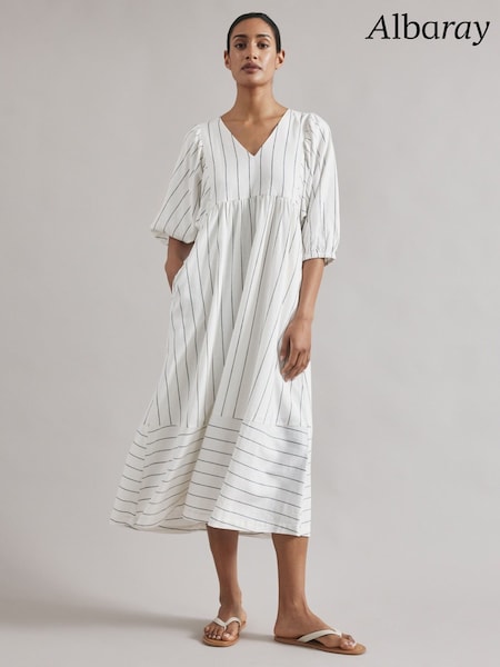 Albaray Wide Stripe Linen V-Neck White Dress (F95216) | €157