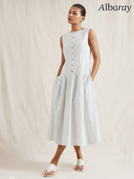 Albaray Stripe Linen Waistcoat Midi White Dress (F95220) | €131