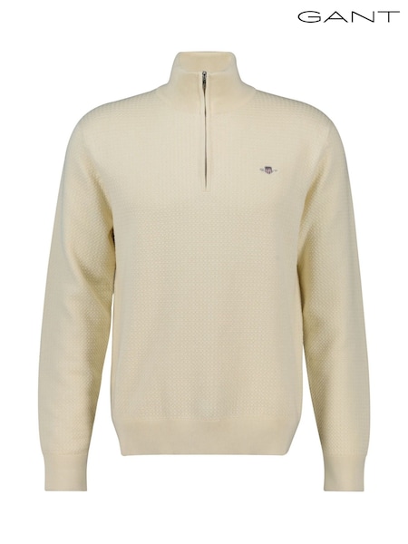 Cream - GANT Textured 100% Cotton Half Zip Jumper (F95281) | 968 LEI