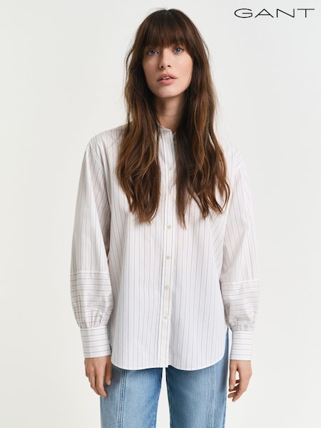 GANT White Relaxed Fit 100% Cotton Striped Volume Sleeve Shirt (F95296) | € 179