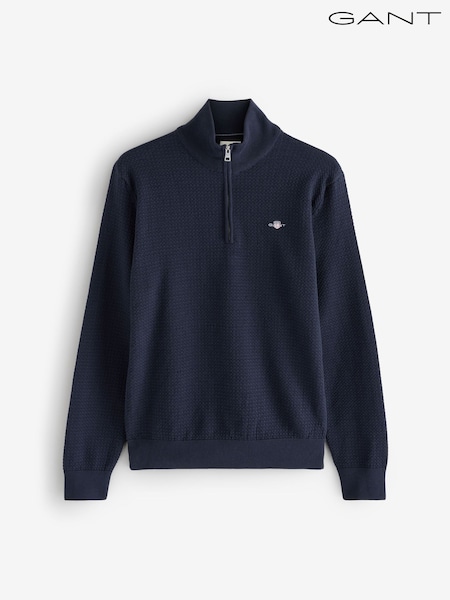 Albastru - GANT Textured 100% Cotton Half Zip Jumper (F95299) | 968 LEI