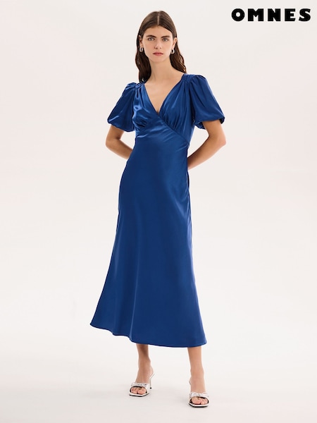 Omnes Navy Rosie Ruched Puff Sleeve Dress (F95371) | €118