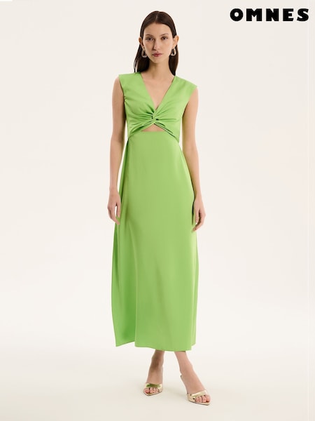 Omnes Green Marin V-Neck Front Twist Satin Midi Dress (F95509) | €125