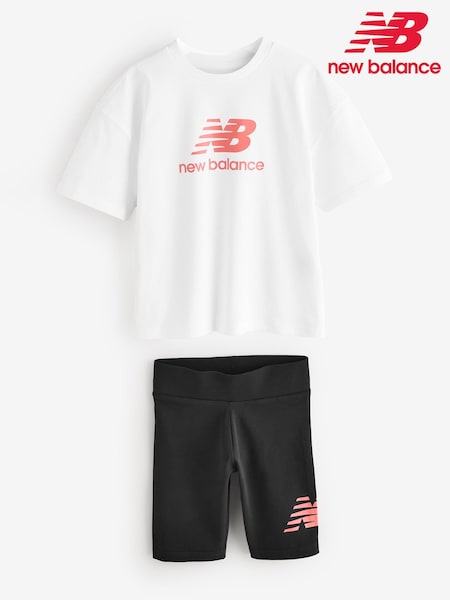 New Balance White Kids Stacked Logo 100% Cotton T-Shirt & Cycle Shorts Set (F95715) | €57 - €69