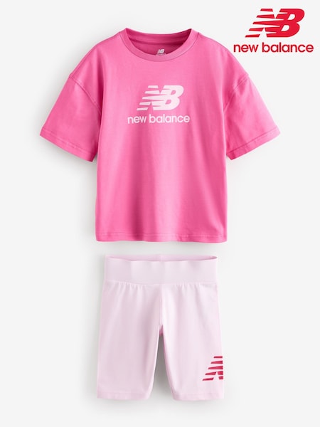 New Balance Pink Kids Stacked Logo 100% Cotton T-Shirt & Cycle Shorts Set (F95720) | €57 - €69