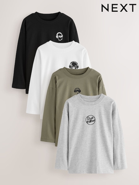 Black/White/Grey Marl/Khaki Long Sleeve Small Graphic T-Shirts 4 Pack (3-16yrs) (F95875) | R$ 215 - R$ 275