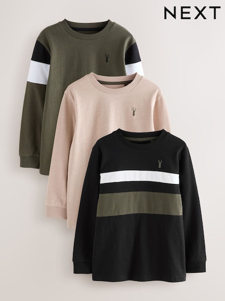 Black/Khaki/Stone Long Sleeve Colourblock T-Shirts 3 Pack (3-16yrs) (F95876) | 109 QAR - 139 QAR