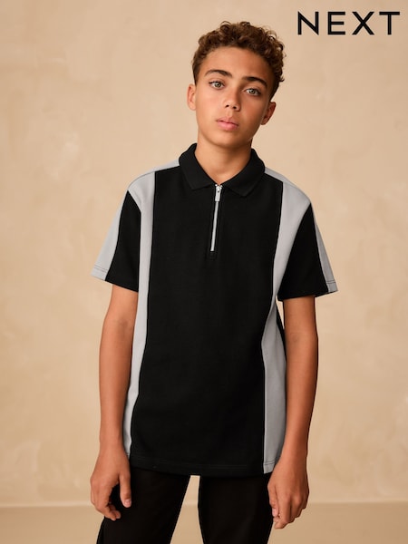 أسود/رمادي - Zip Neck Textured Colourblock Polo Shirt (3-16yrs) (F95897) | ‏59 ر.ق. - ‏84 ر.ق.