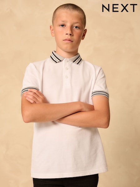 White Stripe Tipped Collar Short Sleeve Polo Shirt (3-16yrs) (F95898) | R$ 80 - R$ 125