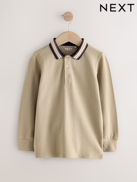 Stone Stripe Tipped Collar Long Sleeve Polo Shirt (3-16yrs) (F95900) | €12 - €18