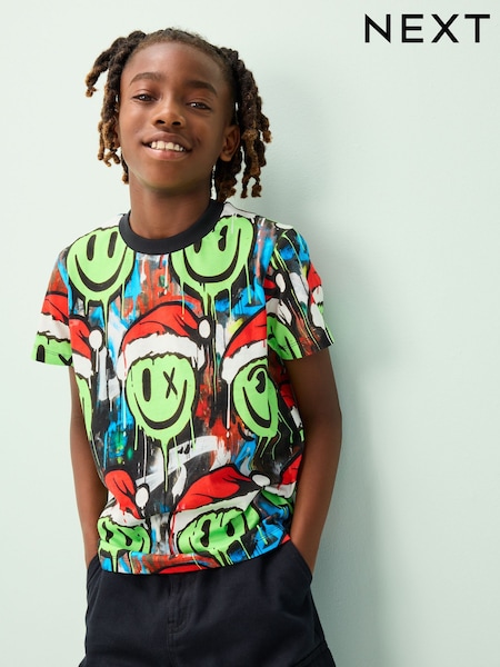 Multi Graffiti Smile Christmas Short Sleeve T-Shirt (3-16yrs) (F95902) | AED51 - AED66