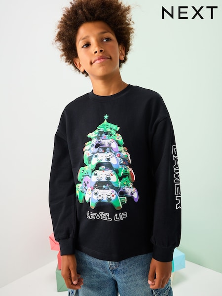 Black Heavyweight Controller Christmas Long Sleeve T-Shirt (3-16yrs) (F95914) | AED56 - AED71