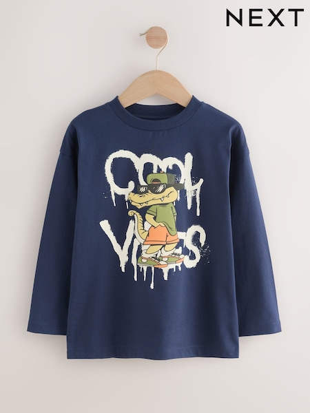 Navy Blue Crocodile Relaxed Fit Graphic Print Long Sleeve Cotton T-Shirt (3-16yrs) (F95951) | 40 QAR - 54 QAR