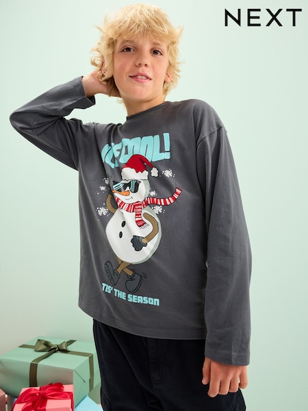 Grey Ice Cool Snowman Christmas Long Sleeve T-Shirt (3-16yrs) (F95953) | AED46 - AED61