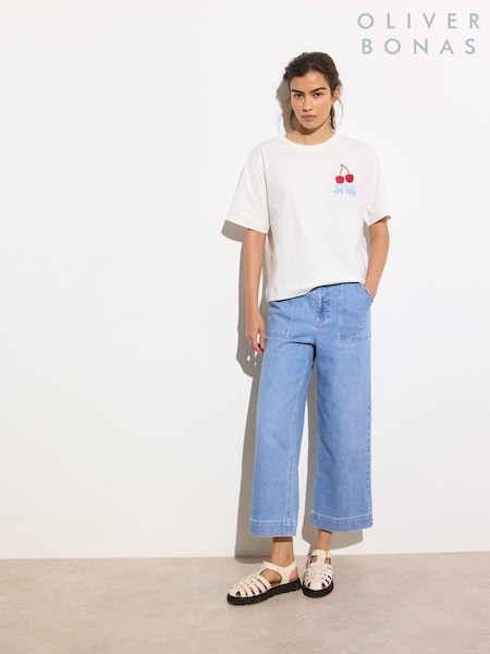 Oliver Bonas Blue Denim Scallop Pocket Cropped Wide Leg Jeans (F96129) | $161