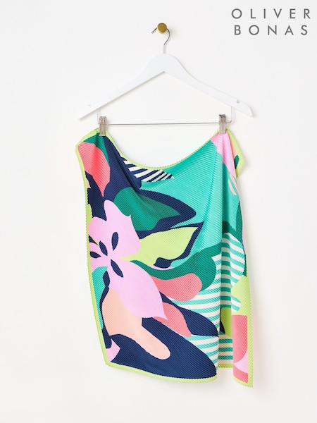 Oliver Bonas Green Bright Abstract Floral Print & Striped Pleated Square Scarf (F96136) | ₪111