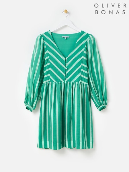 Oliver Bonas Green Striped V-Neck Mini Dress (F96151) | 4,506 UAH