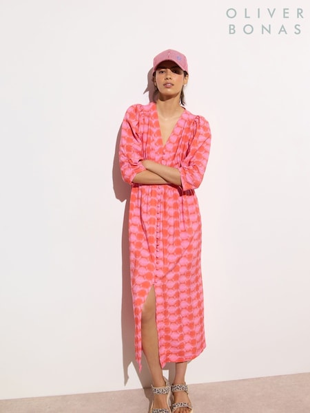 Oliver Bonas Pink Gingham V-Neck Midi Dress (F96155) | €106