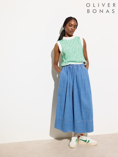 Oliver Bonas Blue Denim Elasticated Pleated Midi Skirt (F96164) | €106