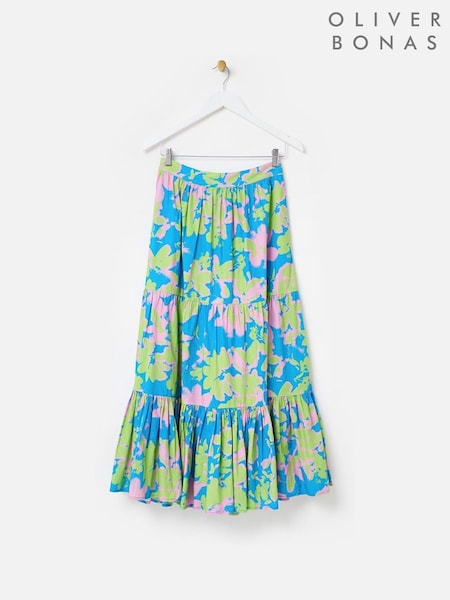 Oliver Bonas Blue 100% Cotton Luminous Floral Tiered Midi Skirt (F96165) | $119
