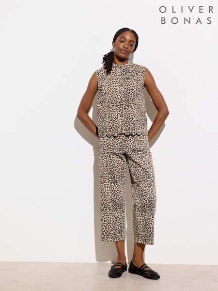 Oliver Bonas Brown 100% Cotton Leopard Print Scalloped Pocket Cropped Wide Leg Jeans (F96178) | €89