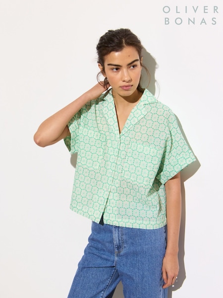 Oliver Bonas Green 100% Cotton Floral Broderie Boxy Shirt (F96184) | 3,605 UAH