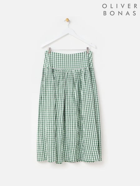 Oliver Bonas Green Gingham Basque Waist Midi Skirt (F96190) | ₪352
