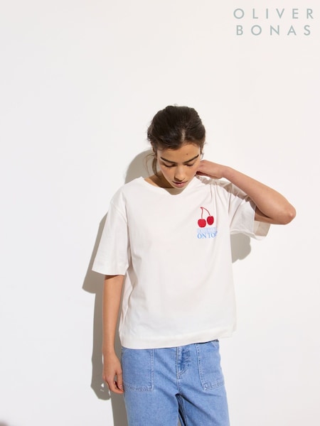 Oliver Bonas White Cherry On Top 100% Cotton T-Shirt (F96198) | ₪161