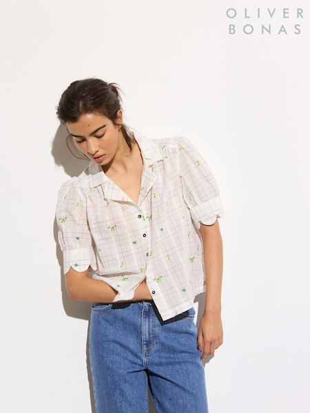 Oliver Bonas White Metallic Checked Flower Print Embroidered Blouse (F96199) | 3,605 UAH