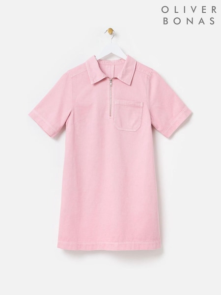 Oliver Bonas Pink 100% Cotton Washed  Denim Quarter Zip Mini Dress (F96200) | $173
