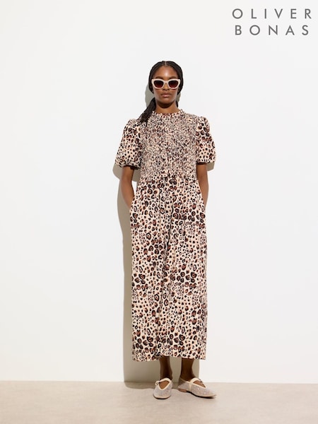 Oliver Bonas Brown 100% Cotton Leopard Print Shirred Bodice Puff Sleeve Midi Dress (F96205) | €104