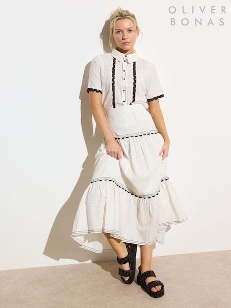 Oliver Bonas White 100% Cotton Rickrack Tiered Midi Skirt (F96210) | kr1 071