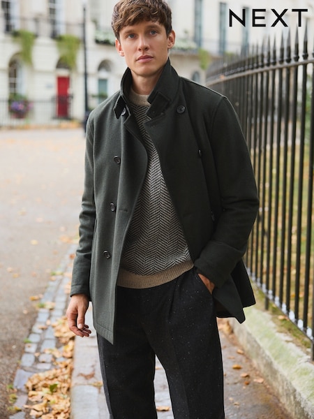 Green Wool Rich Double Breasted Funnel Coat (F96252) | €119