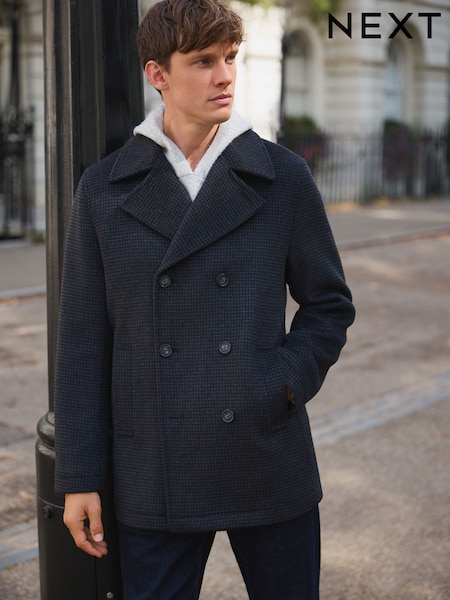 Marinha/Carvão - Wool Rich Soft Touch Dogtooth Pea Coat (F96254) | R$ 1.045