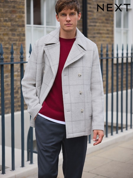 Cinza - Wool Blend Soft Touch Check Pea Coat (F96255) | R$ 1.045