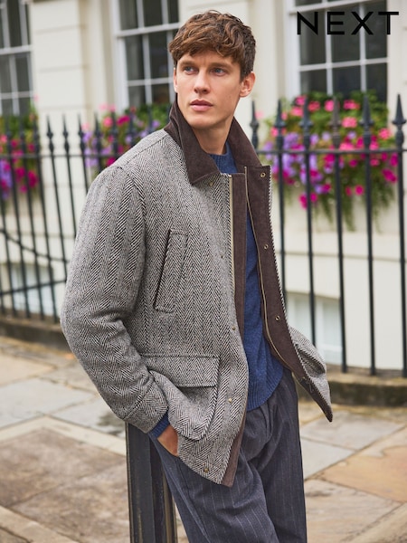 Grey Wool Blend Herringbone Quilted Corduroy Collar Jacket (F96262) | 589 QAR