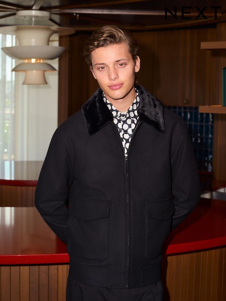 Black Wool Blend Twill Jacket with Removable Faux Fur Collar (F96272) | € 148