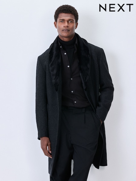 Charcoal Grey Wool Rich Check Epsom Coat With Fur Trim Lapel (F96274) | €154