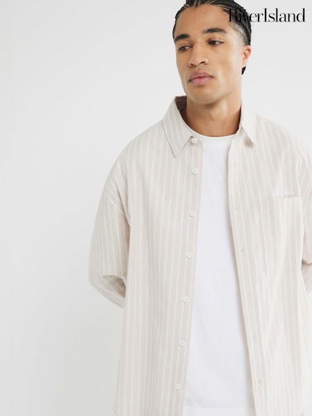 River Island Natural Long Sleeve Striped Oxford 100% Cotton Shirt (F96319) | R$ 355