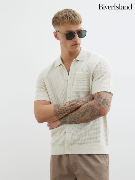 River Island Cream Regular Fit Short Sleeve Crochet 100% Cotton Shirt (F96322) | €42