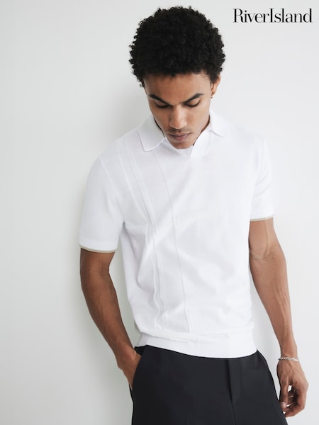 Alb - Tricou polo asimetric cu guler deschis River Island (F96323) | 223 LEI
