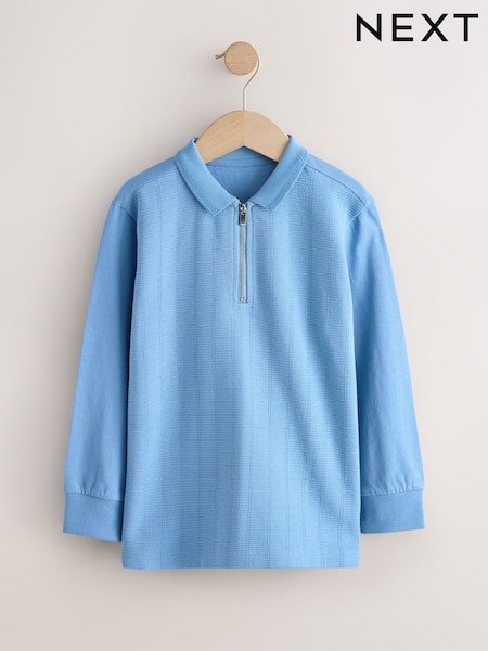 Light Blue Zip Neck Textured Long Sleeve Polo Shirt (3-16yrs) (F96380) | 59 QAR - 84 QAR