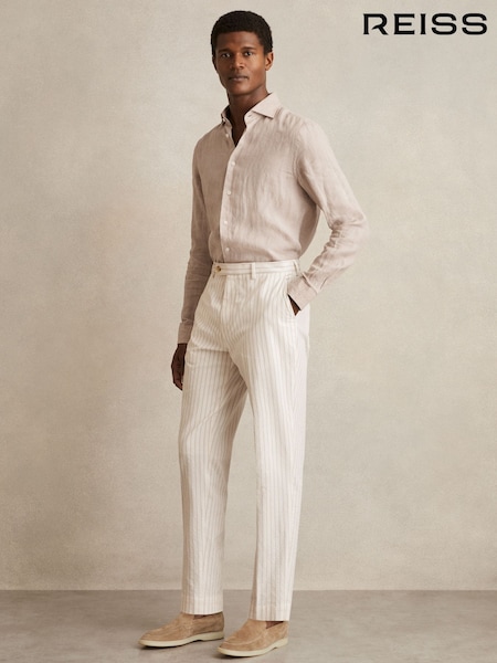 Reiss Off White/Taupe Brown Easton Regular-Fit Cotton-Blend Pinstripe Trousers (F96461) | €195
